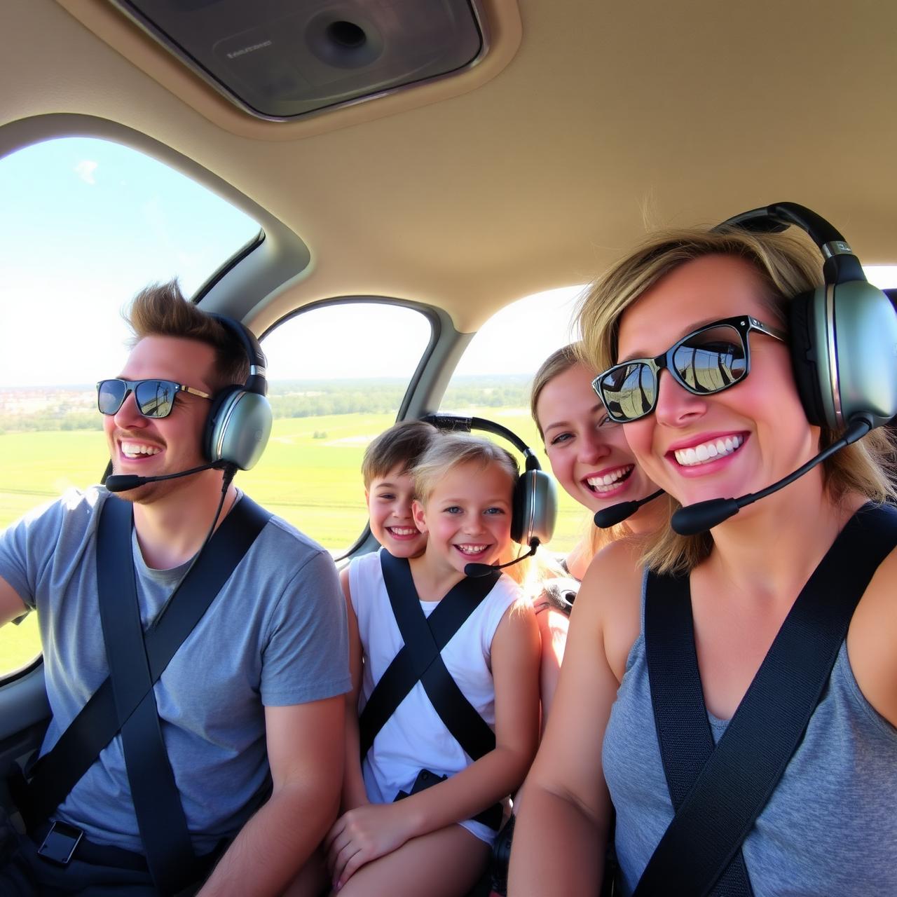 Smiling family wearing headsets inside a Robinson R44 helicopter