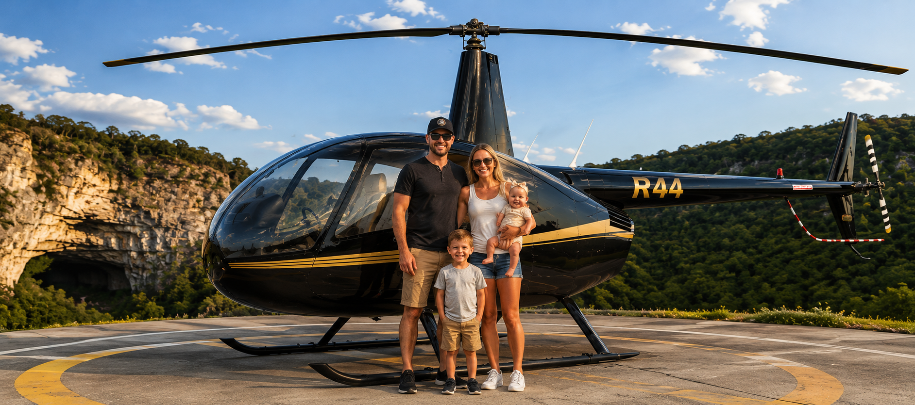 Robinson R44 helicopter on the helipad ready for tour